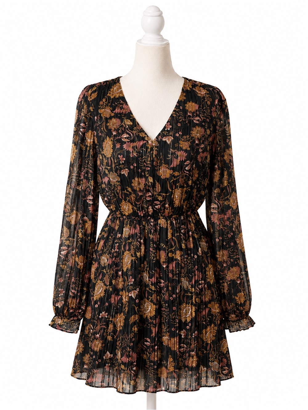 Vero Moda Floral Metallic Mini Dress Medium Long Sleeve Boho Black Pink Gold